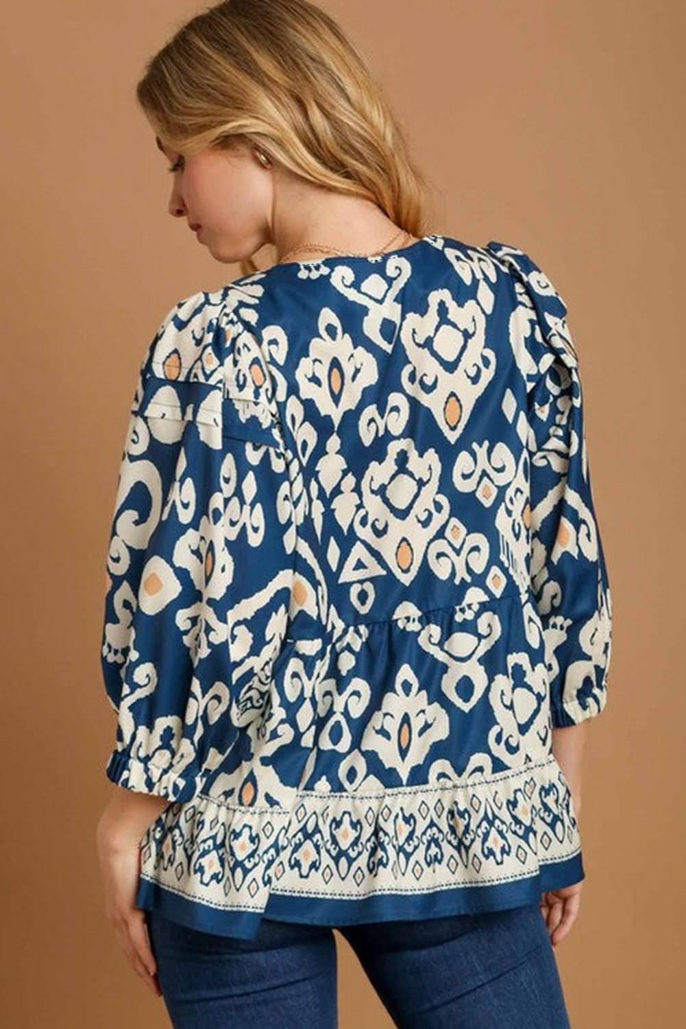 Blue Tribal Geometric Print 3/4 Sleeve Flowy Fit Blouse - Love Salve